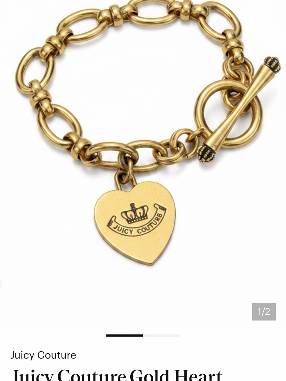 Juicy Couture Gold Heart Charm Toggle Bracelet with Crown Logo
